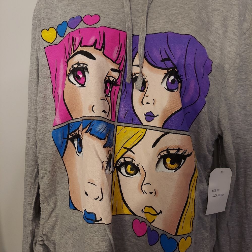 Gray Anime Cartoon Hoodie Long Sleeve Tee NWT - Picture 3 of 4